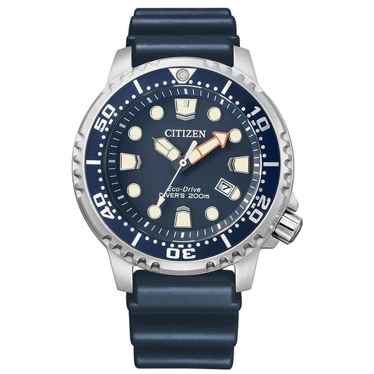 Citizen BN0151-17L watch for man with a blue dial and rubber strap.
