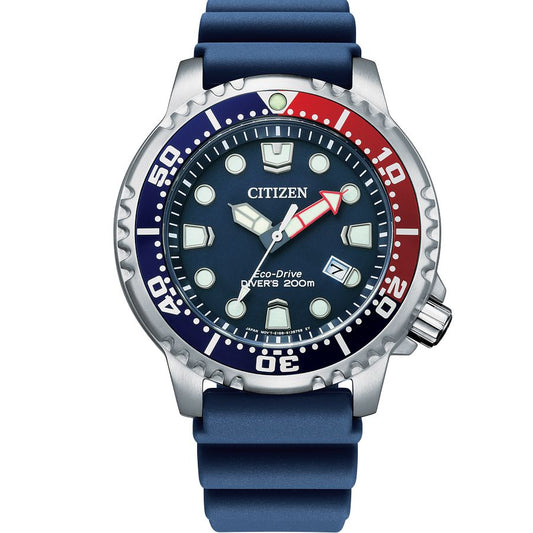 Citizen BN0168-06L watch for man with a blue dial and rubber strap.