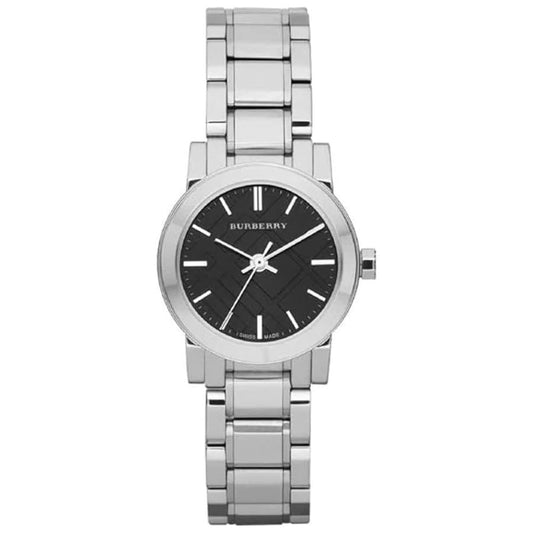 Burberry BU9201 watch for women with a black dial and stainless steel strap.
