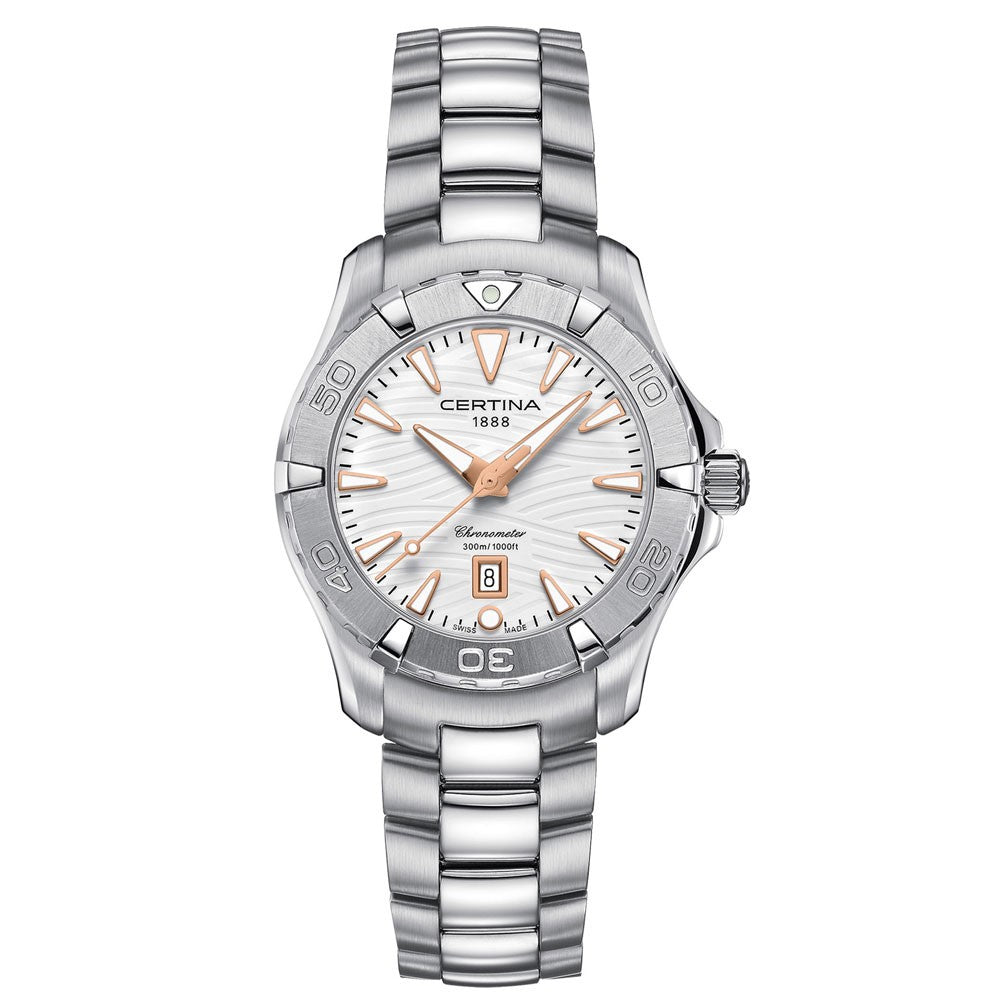 Certina C0322511101101 watch for woman with a white dial and stainless steel strap.