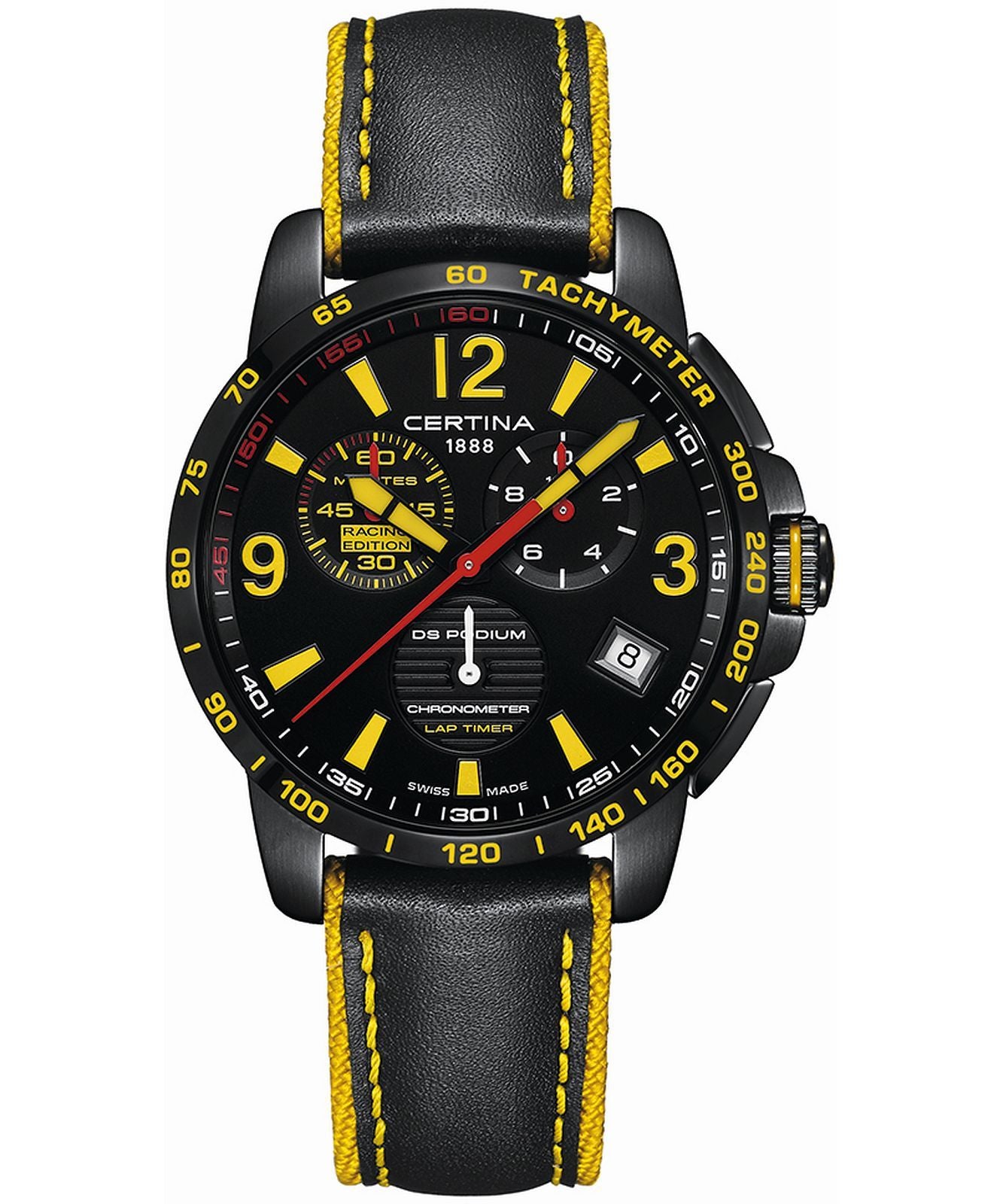 Certina C034.453.36.057.10 watch for man with a black dial and leather strap.