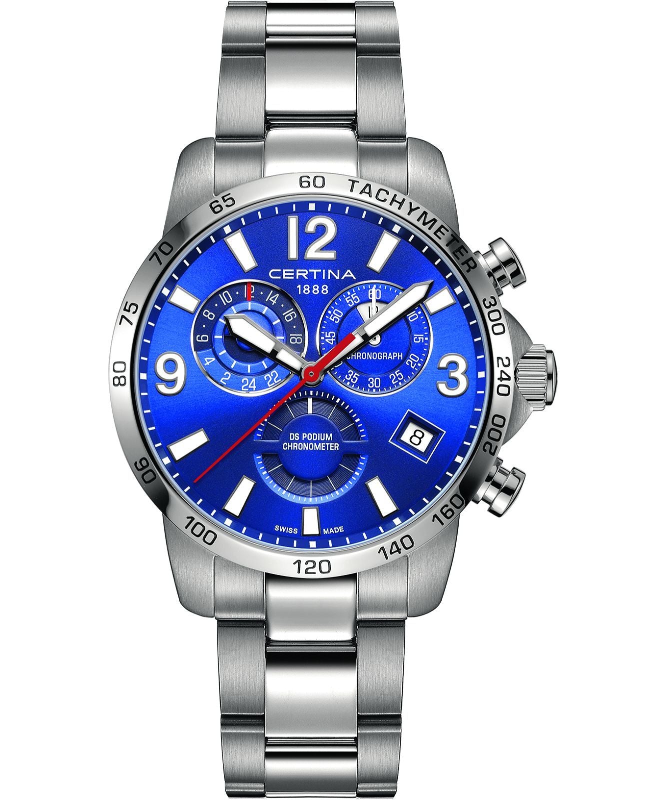 Certina C034.654.11.047.00 watch for man with a blue dial and stainless steel strap.
