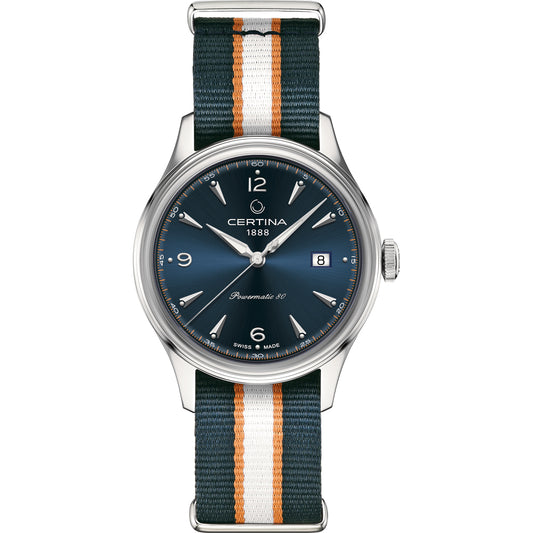 Certina C0384071804700 watch for man with a blue dial and fabric strap.
