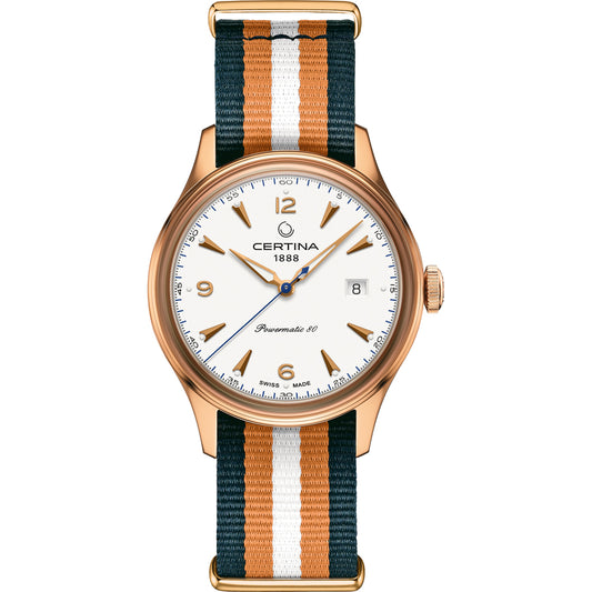Certina C0384073803700 watch for man with a white dial and fabric strap.
