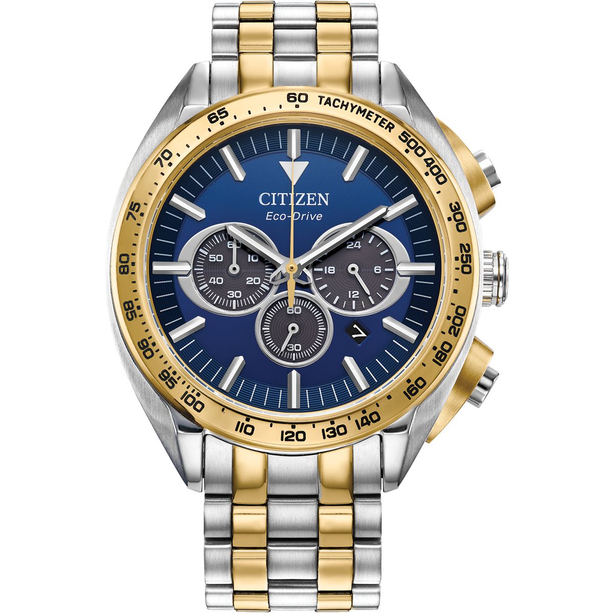 Citizen CA4544-53L watch for man with a blue dial and stainless steel strap.