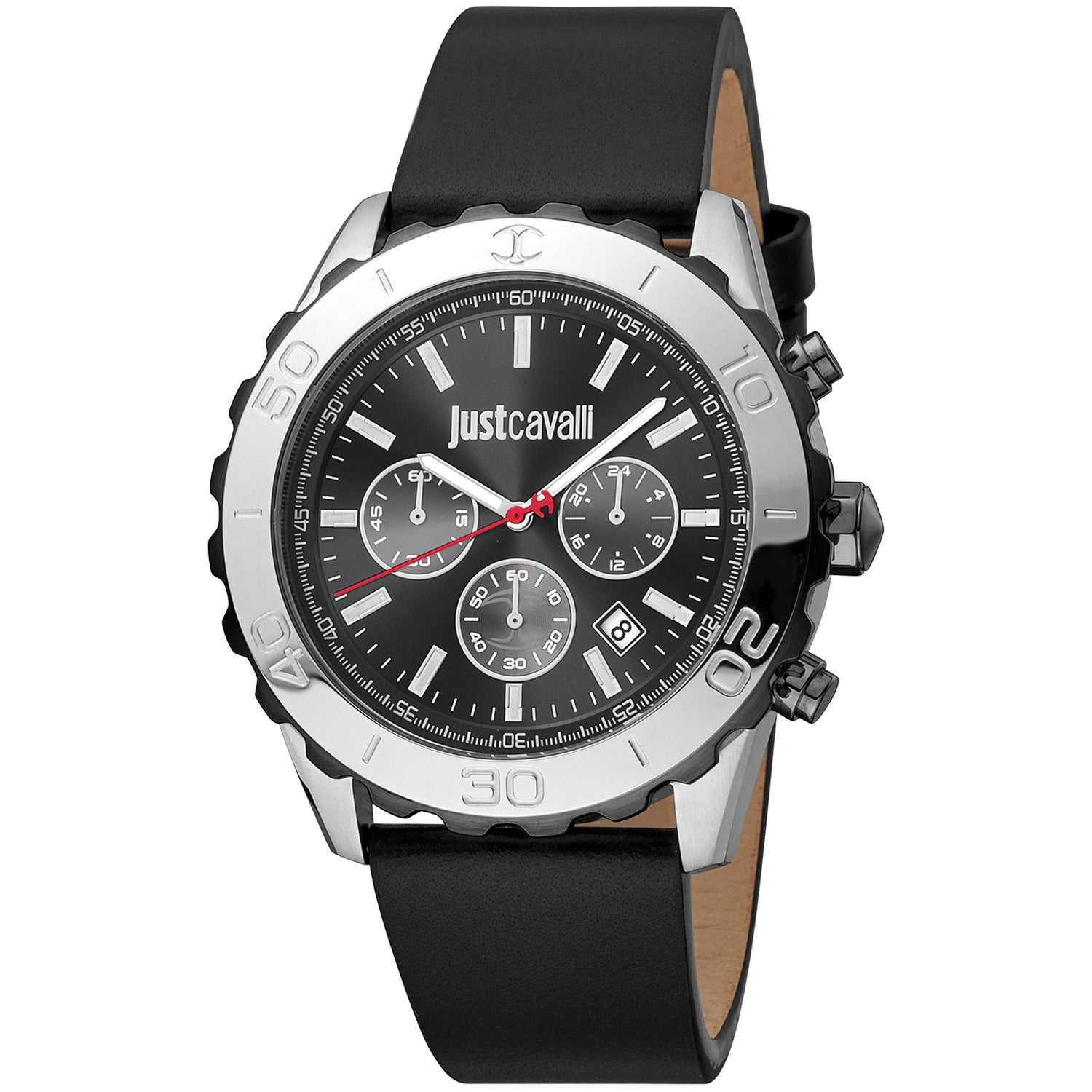 Just Cavalli JC1G214L0035 watch for man with a black dial and leather strap.