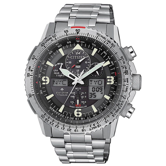 Citizen JY8100-80E watch for man with a black dial and titanium strap.