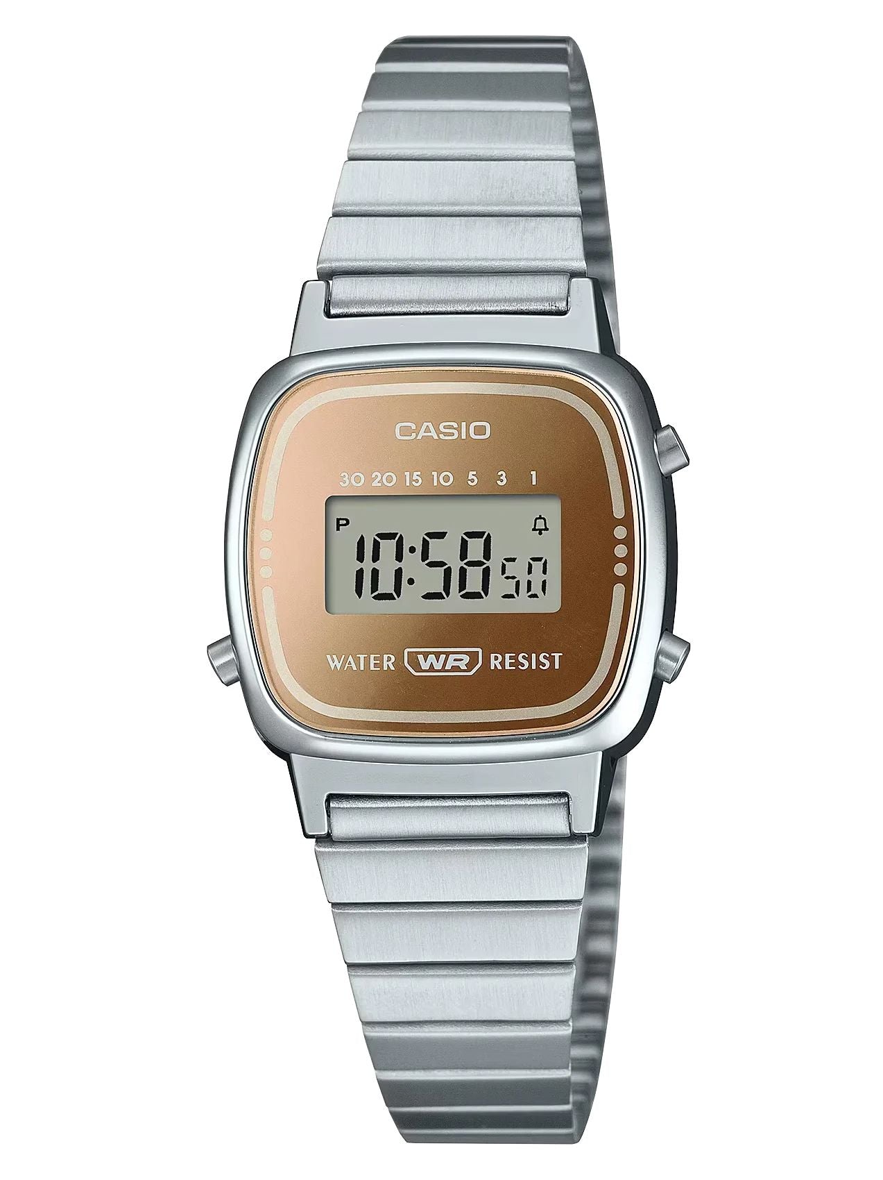 Casio LA670WES-4AEF watch for women with a brown dial and stainless steel strap.