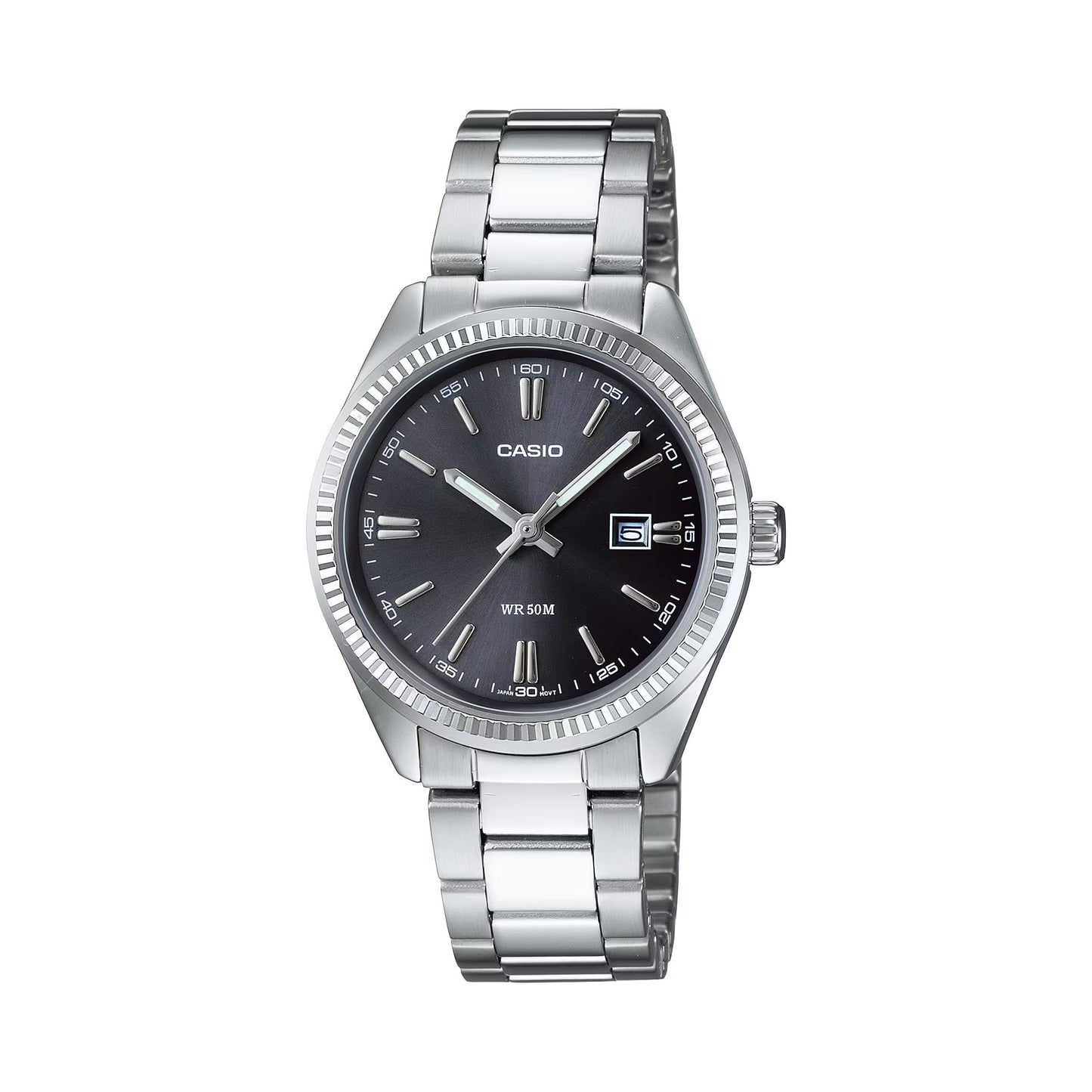 Casio LTP-1302PD-1A1VEF watch for women with a black dial and stainless steel strap.