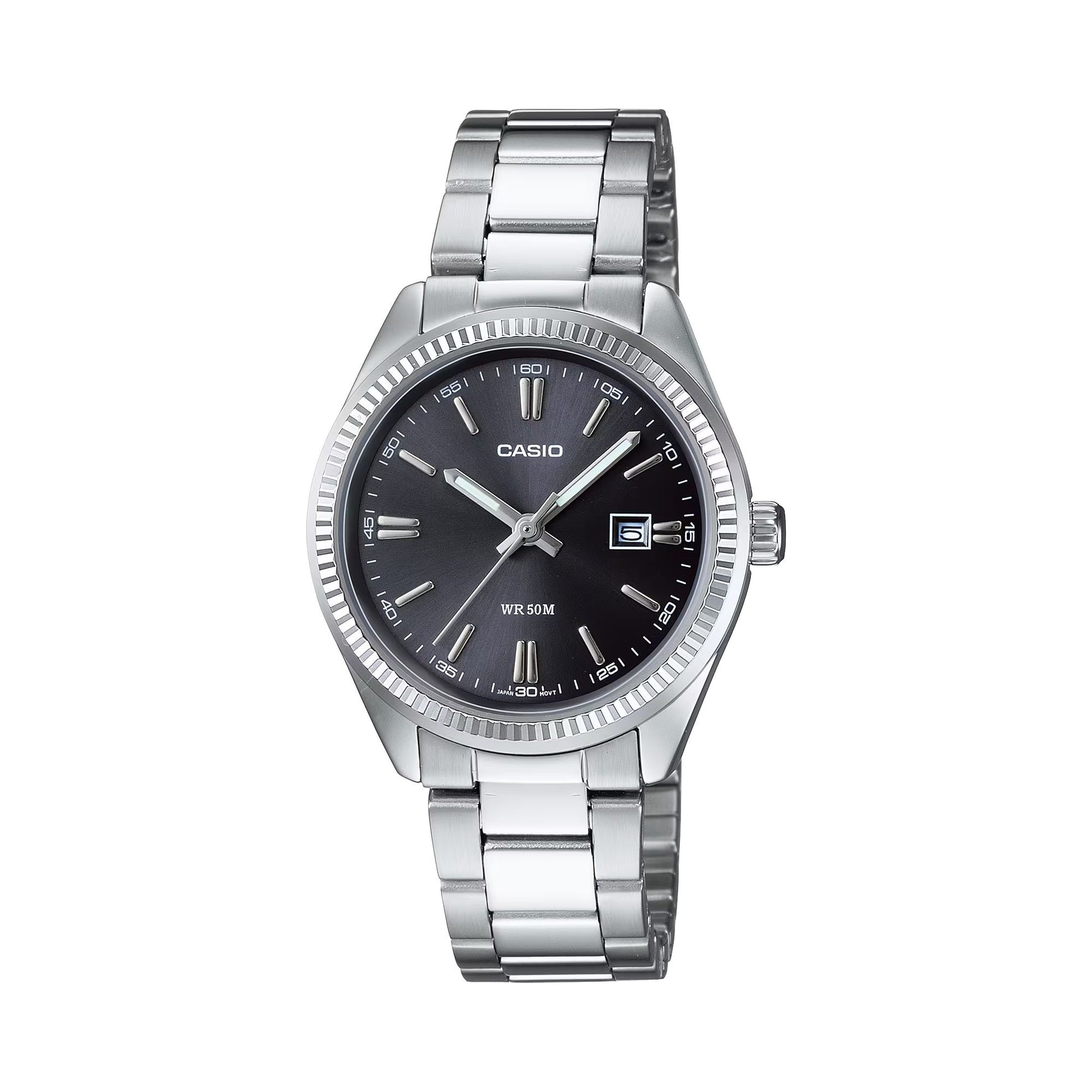 Casio LTP-1302PD-1A1VEF watch for women with a black dial and stainless steel strap.