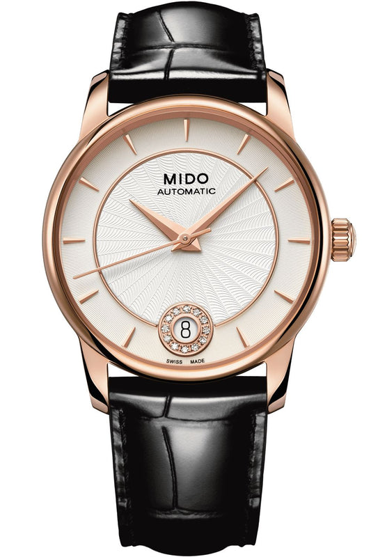 Mido M0072073603600 watch for woman with a white dial and leather strap.