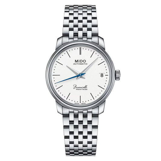 Mido M0272071101000 watch for man with a white dial and stainless steel strap.