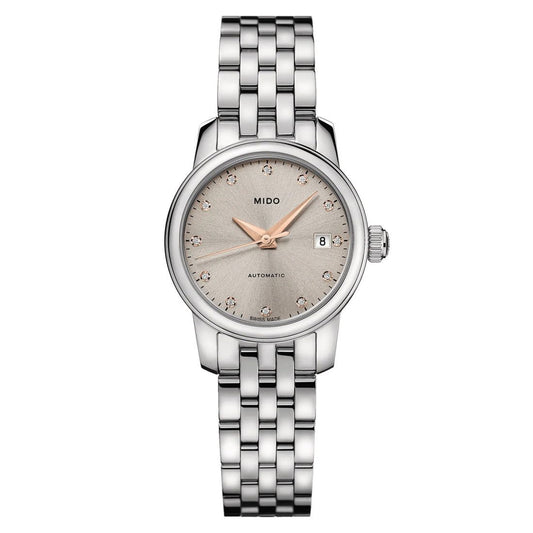 Mido M0390071107600 watch for woman with a white dial and stainless steel strap.