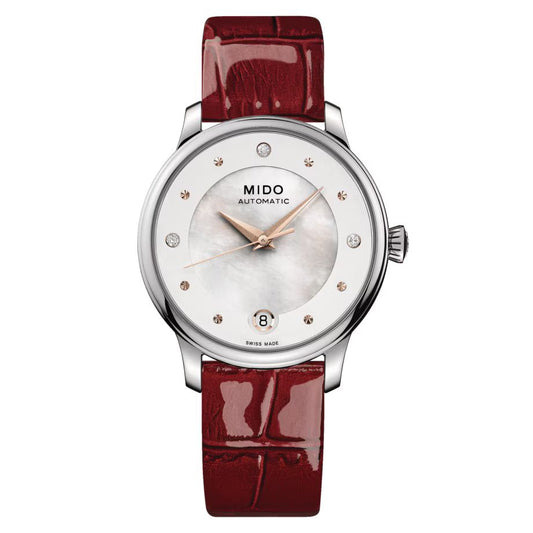 Mido M0392071610600 watch for man with a white dial and leather strap.
