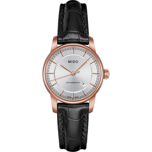 Mido M76003104 watch for woman with a grey dial and leather strap.