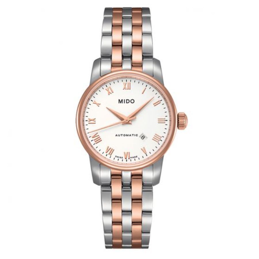 Mido M76009N61 watch for woman with a white dial and stainless steel strap.