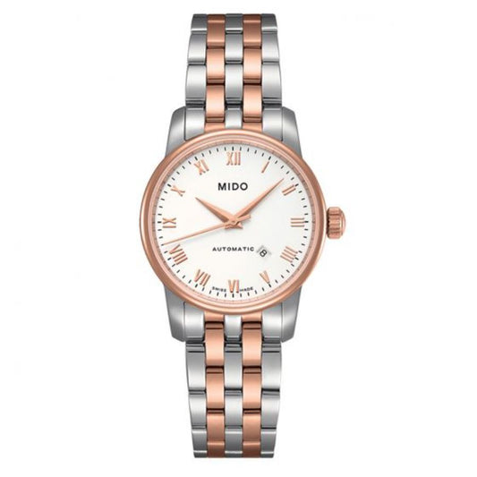 Mido M76009N61 watch for woman with a white dial and stainless steel strap.