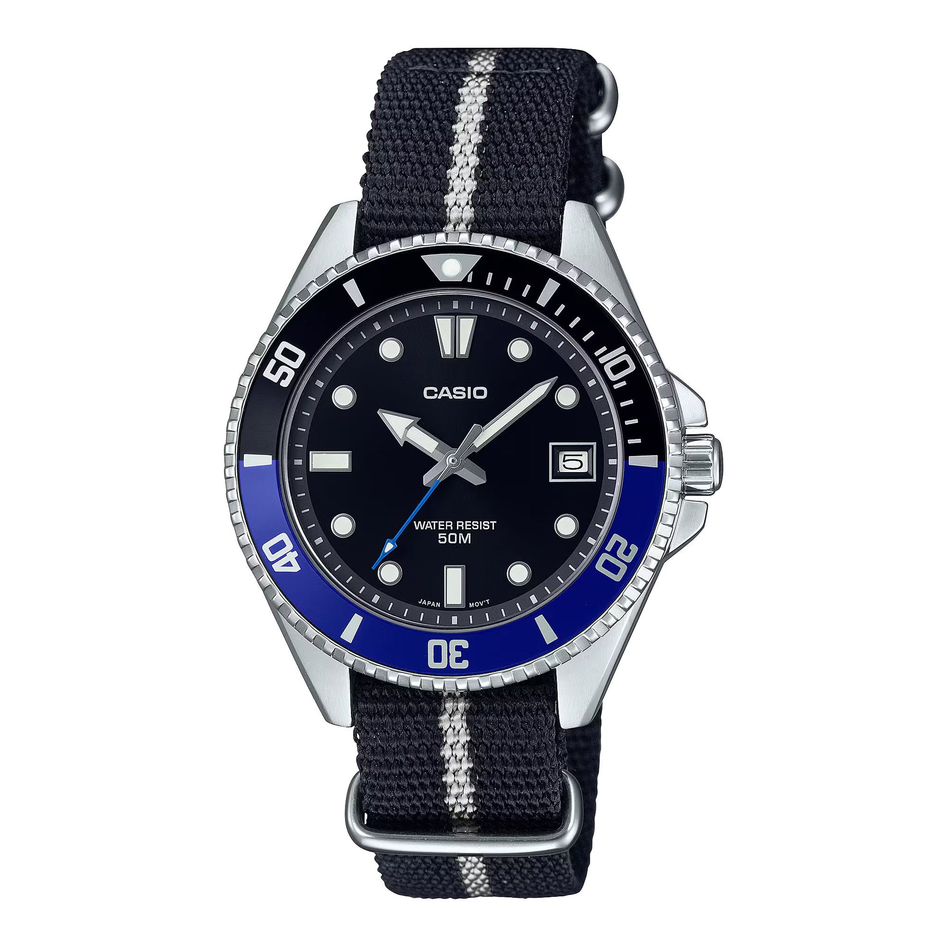 Casio MDV-10C-1A2VEF watch for man with a black dial and fabric strap.