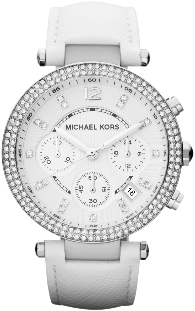 Michael Kors MK2277 watch for woman with a white dial and leather strap.