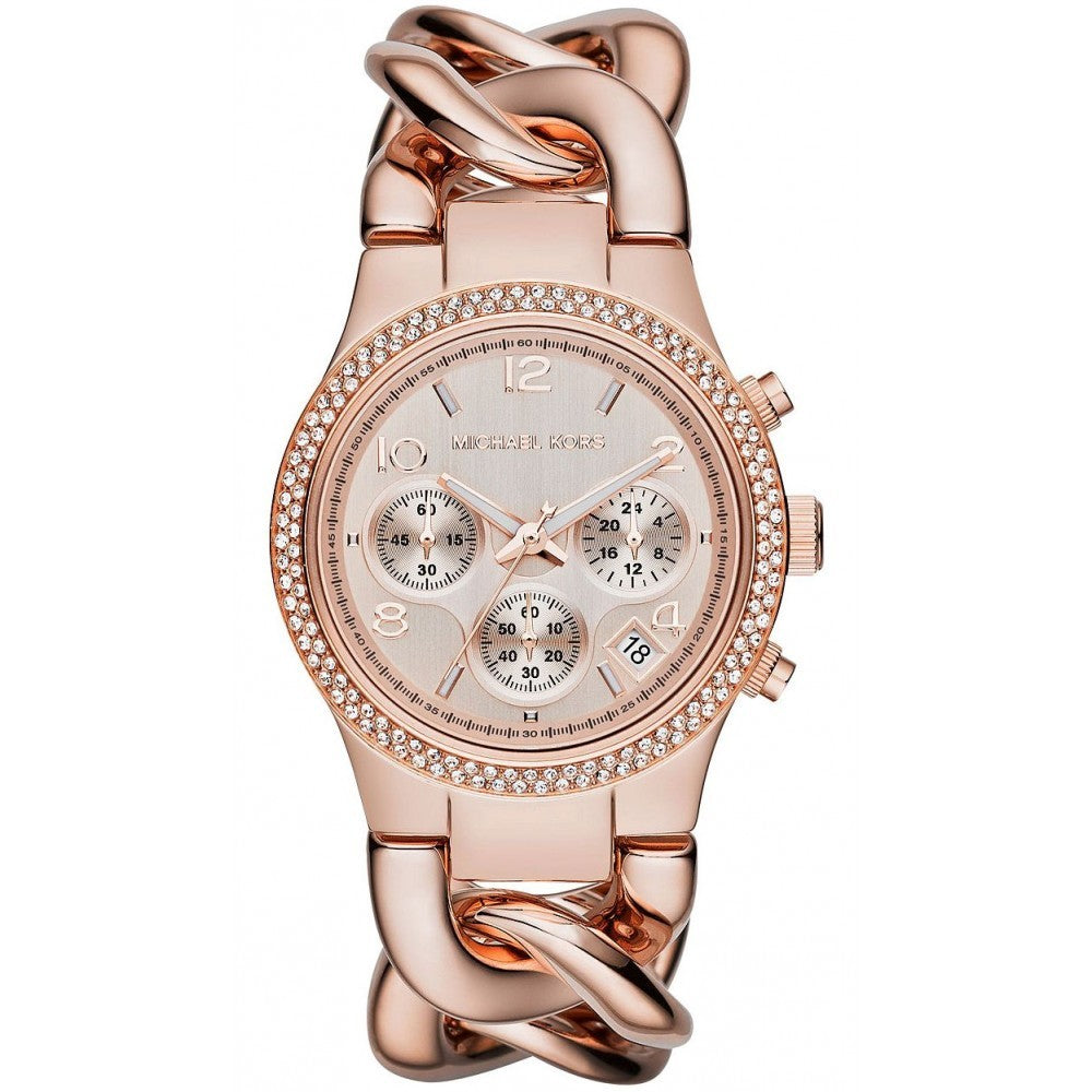 Michael Kors MK3247 watch for women with a golden dial and steel strap.