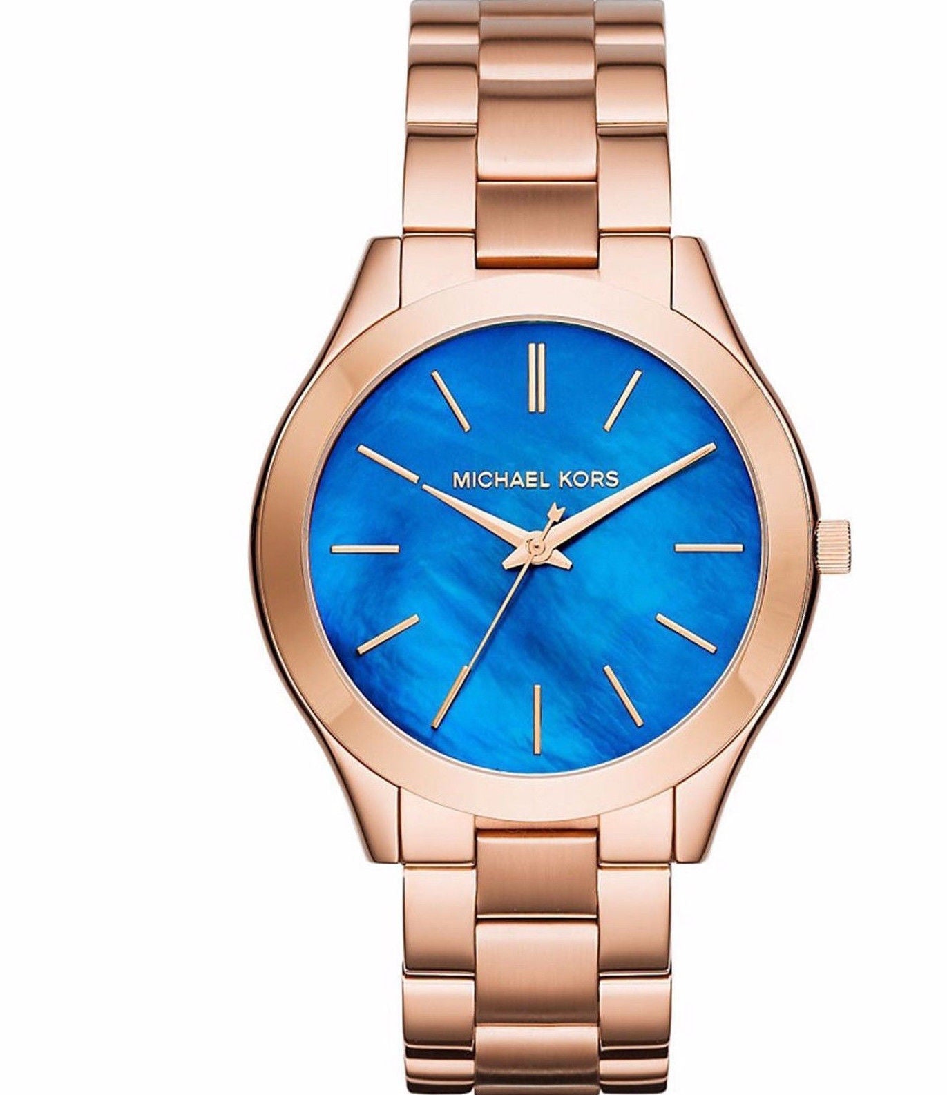 Michael Kors MK3494 watch for women with a blue dial and steel strap.