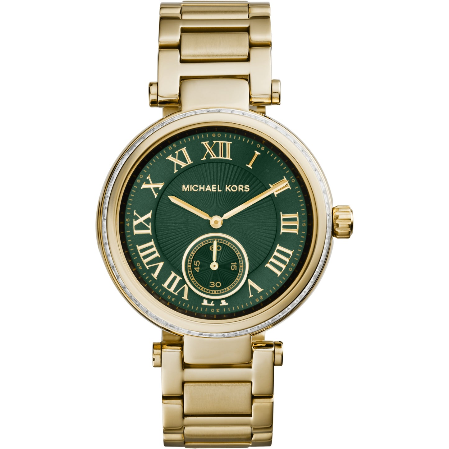 Michael Kors MK6065 watch for women with a green dial and steel strap.