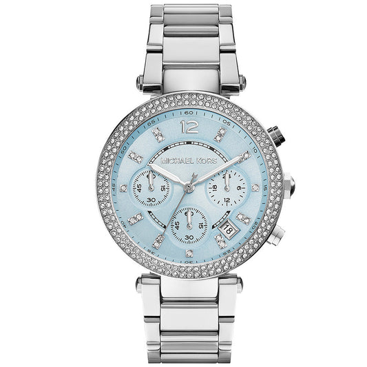 Michael Kors MK6104 watch for women with a blue dial and steel strap.