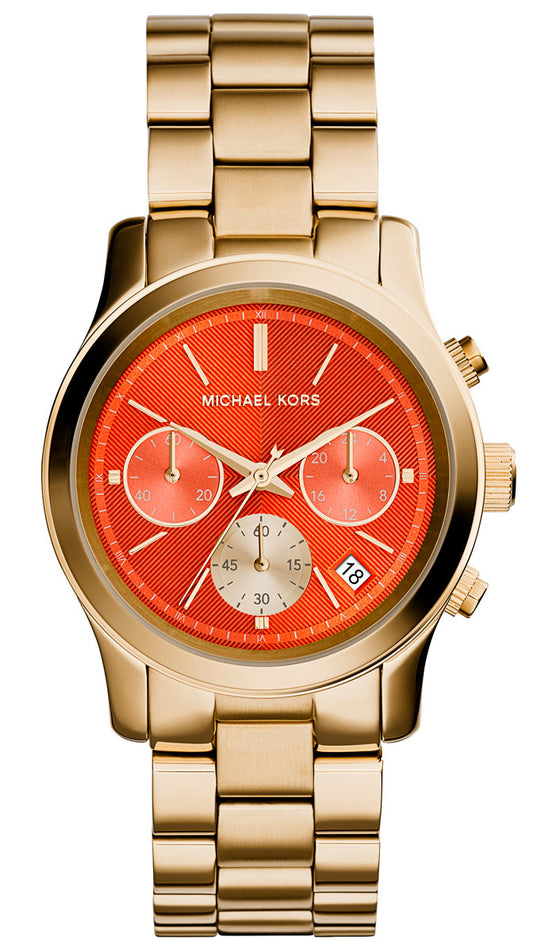 Michael Kors MK6162 watch for women with a orange dial and stainless steel strap.