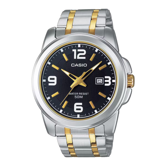 Casio MTP-1314SG-1A watch for man with a black dial and stainless steel strap.