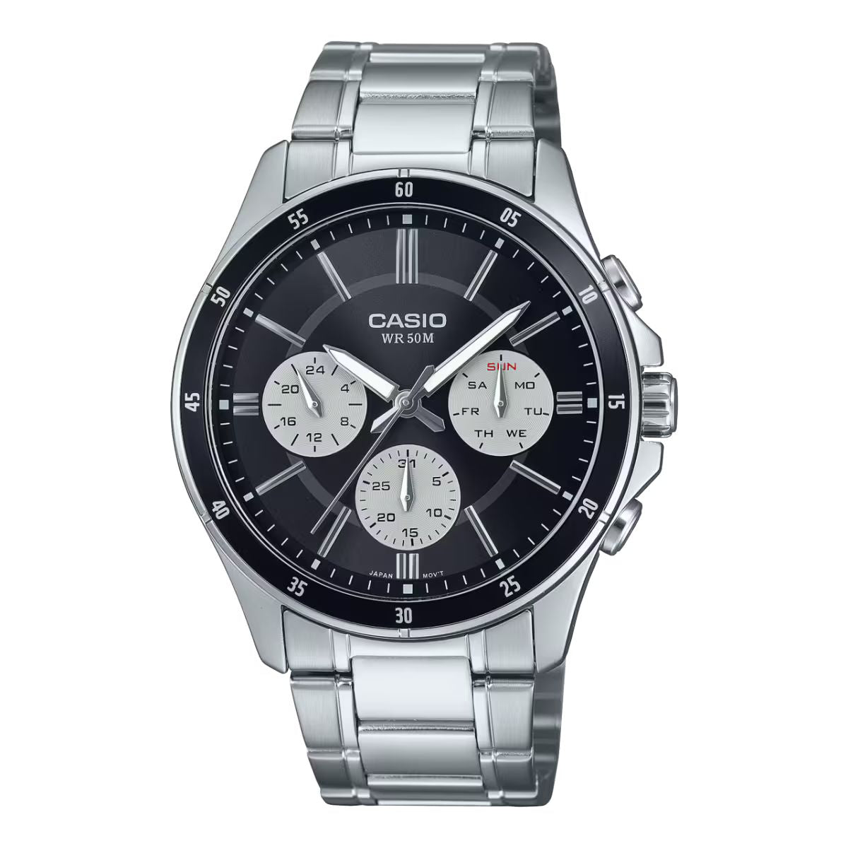 Casio MTP-1374D-1A3VDF watch for man with a black dial and stainless steel strap.