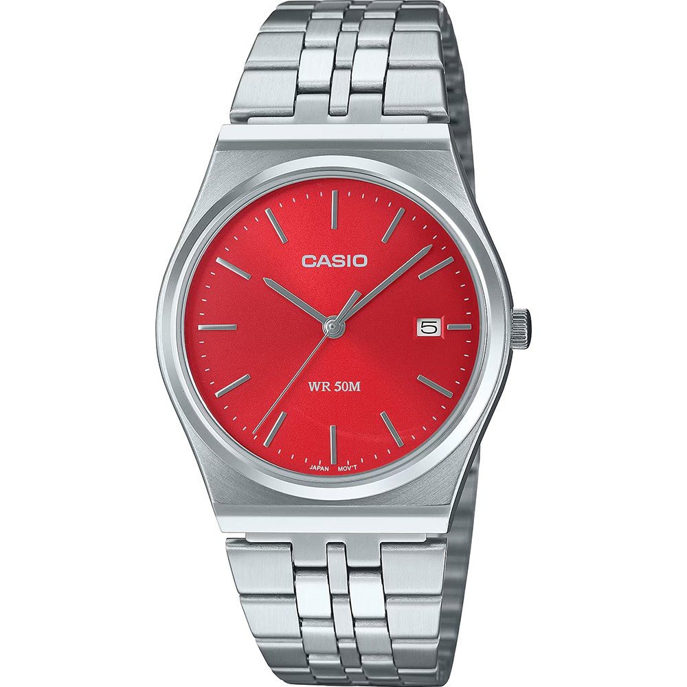 Casio MTP-B145D-4A2VEF watch for women with a red dial and steel strap.