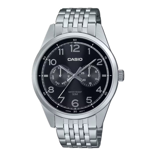 Casio MTP-E340D-1AVDF watch for man with a black dial and stainless steel strap.