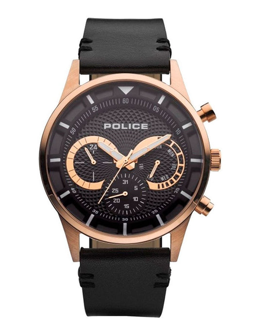 Police PEWJF2110901 watch for man with a black dial and leather strap.
