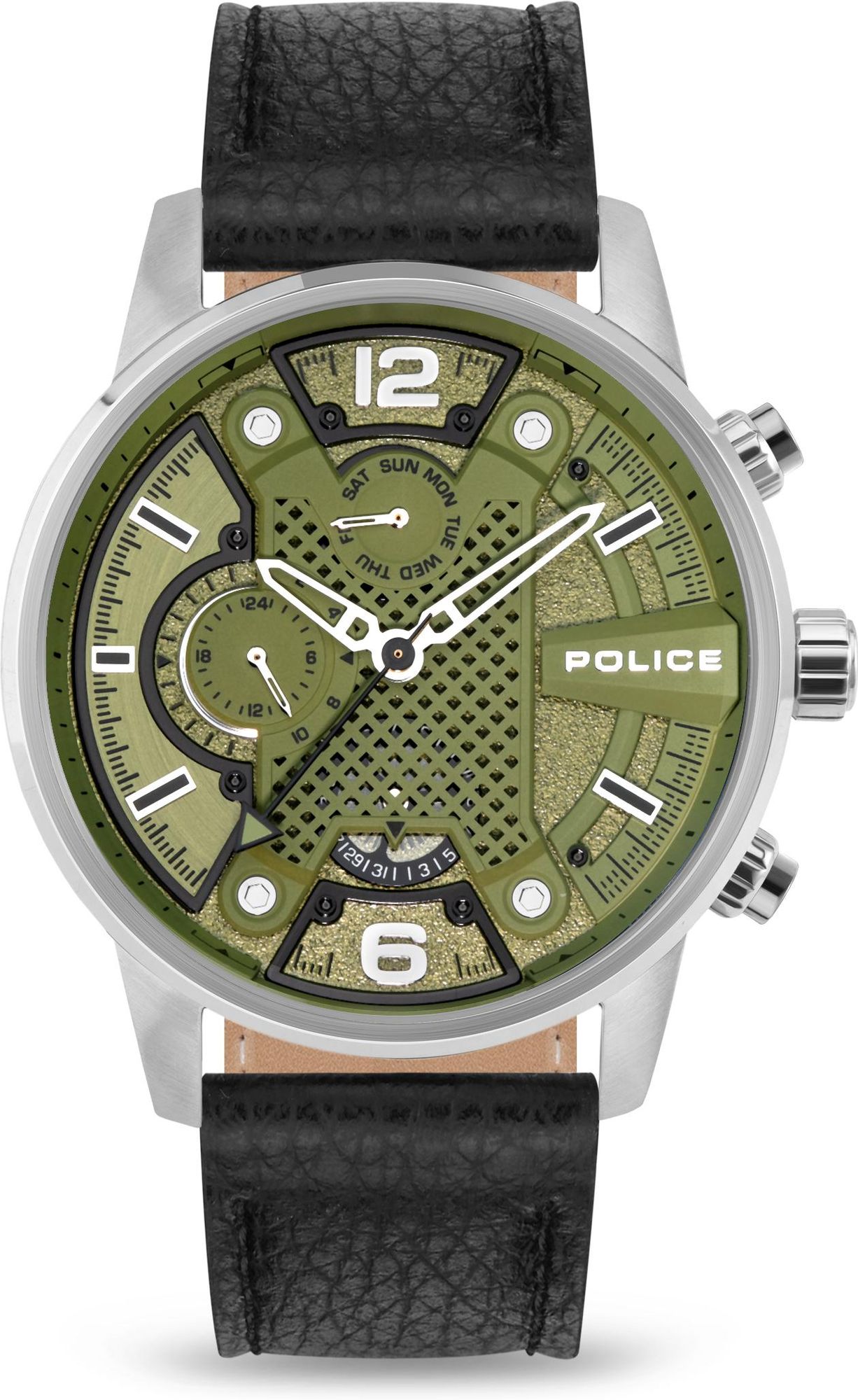 Police PEWJF2203305 watch for man with a green dial and leather strap.
