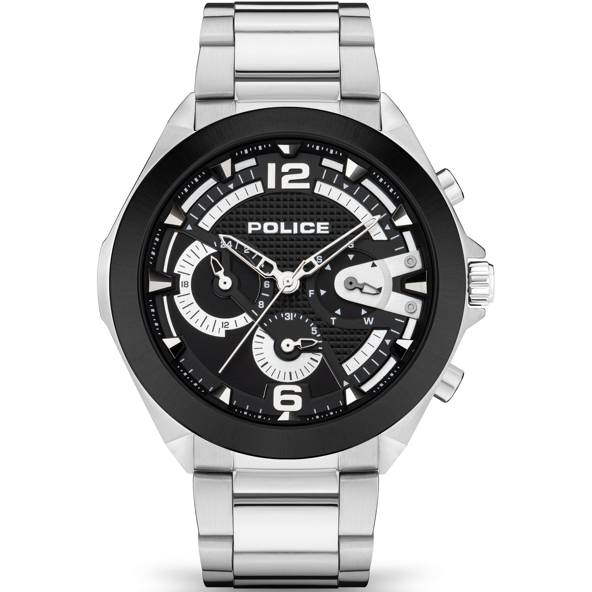 Police PEWJK2108741 watch for man with a black dial and stainless steel strap.