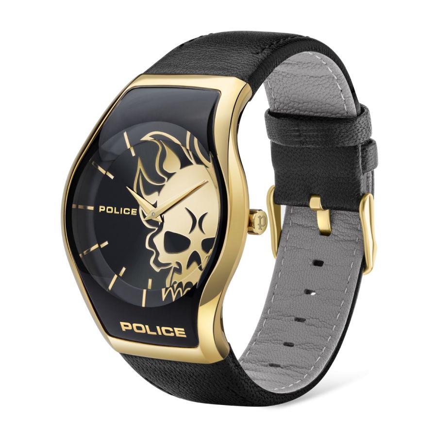 Police PL.16114JSG-02 watch for man with a black dial and leather strap.