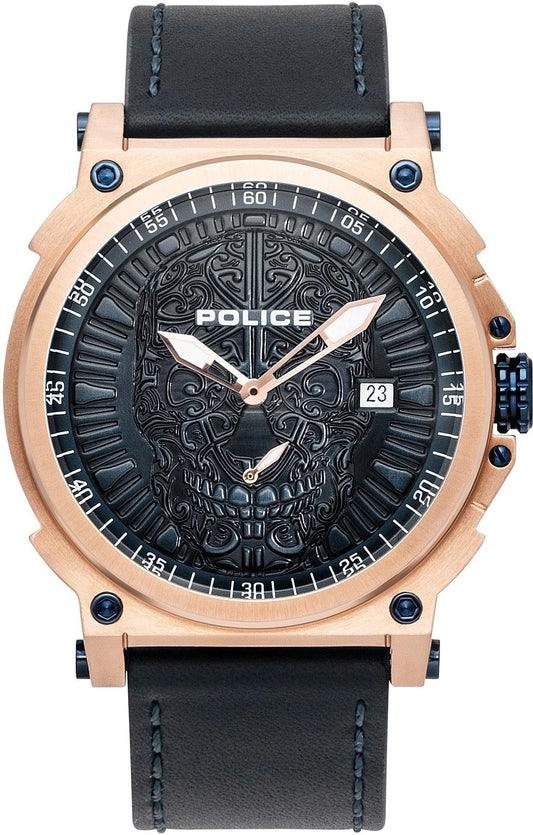 Police PL15728JSR.03 watch for man with a black dial and leather strap.