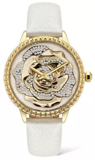 Police PL16073BSG-01 watch for women with a golden dial and leather strap.