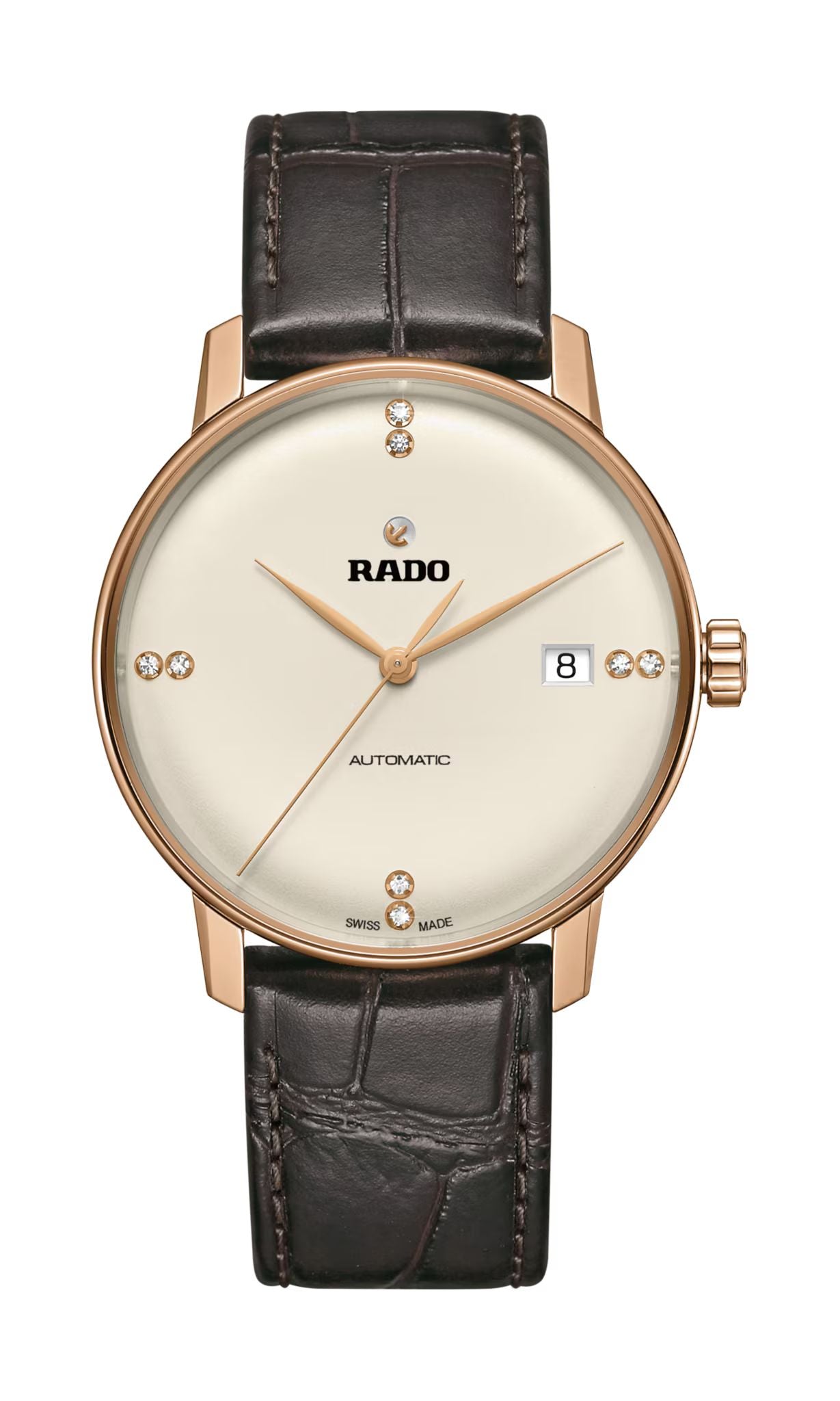 Rado R22861765 watch for man with a white dial and leather strap.