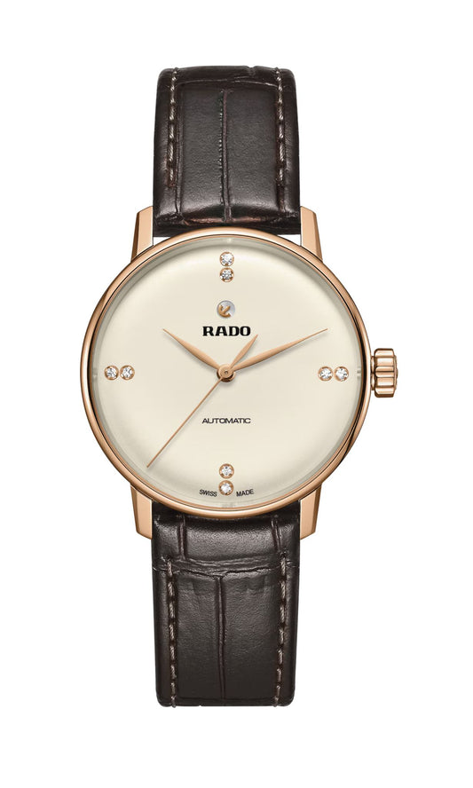 Rado R22865765 watch for woman with a white dial and leather strap.