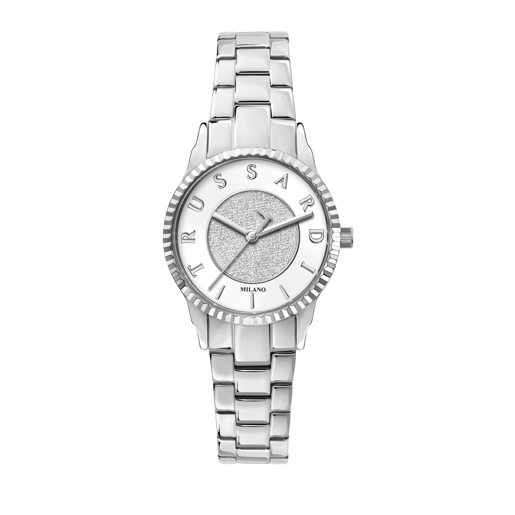 Trussardi R2453144502 watch for women with a silver diamond dust dial and stainless steel strap.