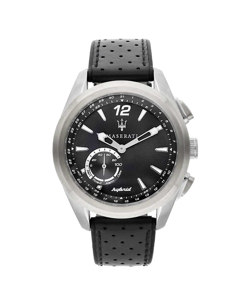 Maserati R8851112001 watch for man with a black dial and leather strap.