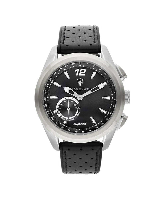 Maserati R8851112001 watch for man with a black dial and leather strap.