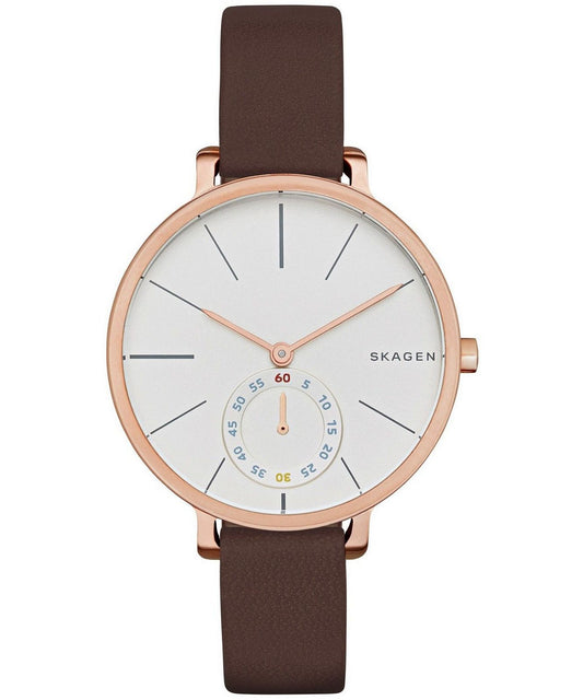Skagen SKW2356 watch for women with a silver dial and leather strap.