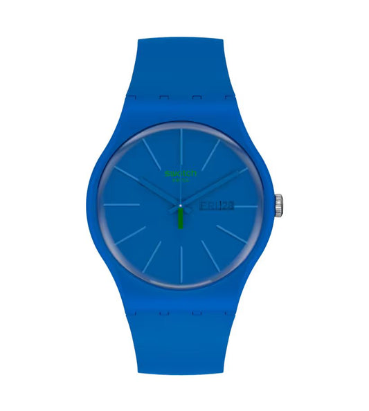 Swatch SO29N700 watch for man with a blue dial and plastic strap.