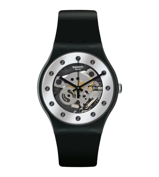 Swatch SUOZ147 watch for unisex with a white dial and plastic strap.