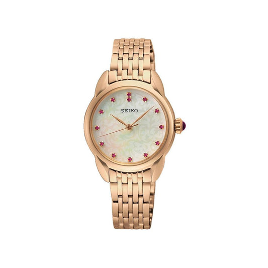 Seiko SUR564P1 watch for women with a beige dial and stainless steel strap.