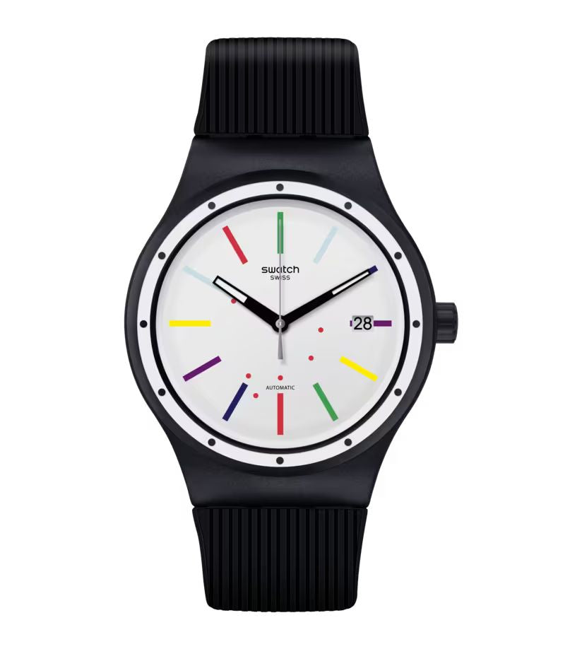 Swatch SUTB408 watch for unisex with a white dial and plastic strap.