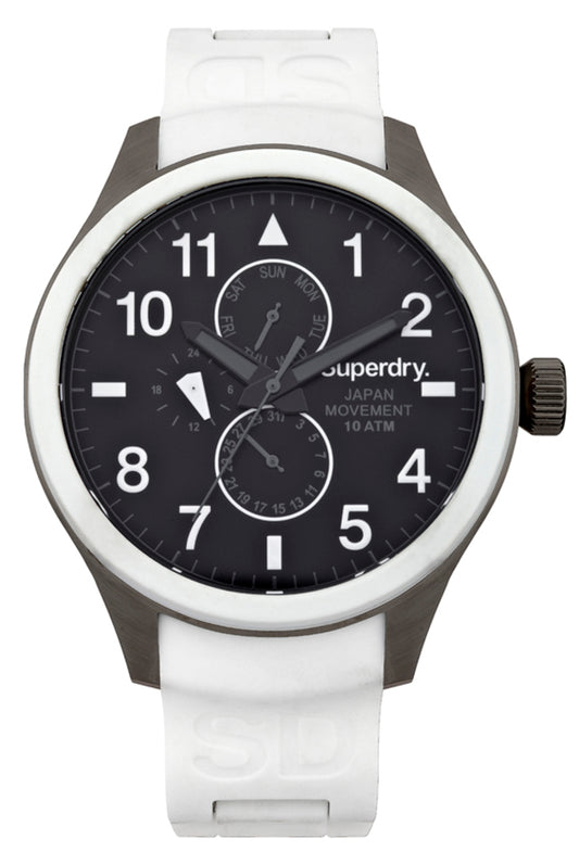 Superdry SYG110W watch for man with a black dial and silicone strap.