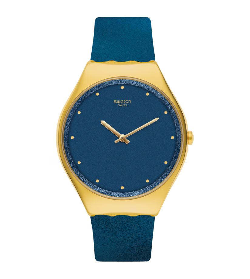 Swatch SYXG108 watch for unisex with a blue dial and plastic strap.